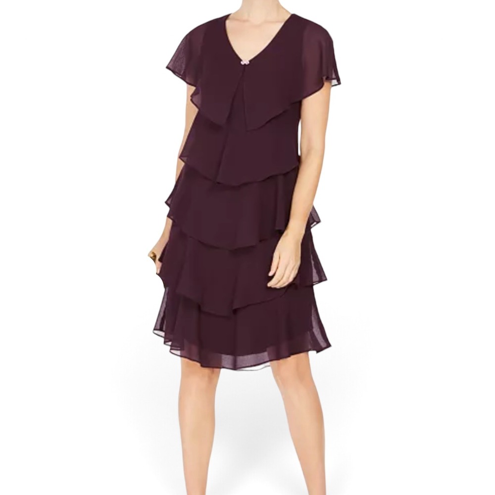 SLNY Tiered Rhinestone Caplet Special Occasion Dress Women 8 Maroon Ruffles NWT